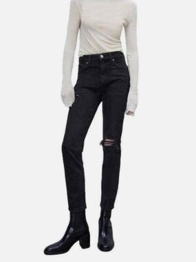 Zara High Rise Slim Straight Jeans Dark Wash Distressed Ankle Denim Minimalist